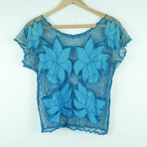 Vintage Tops - Vintage XS Top Fairy Floral Sheer Mesh Festival Hippy Crochet Beachy Mermaid 70s
